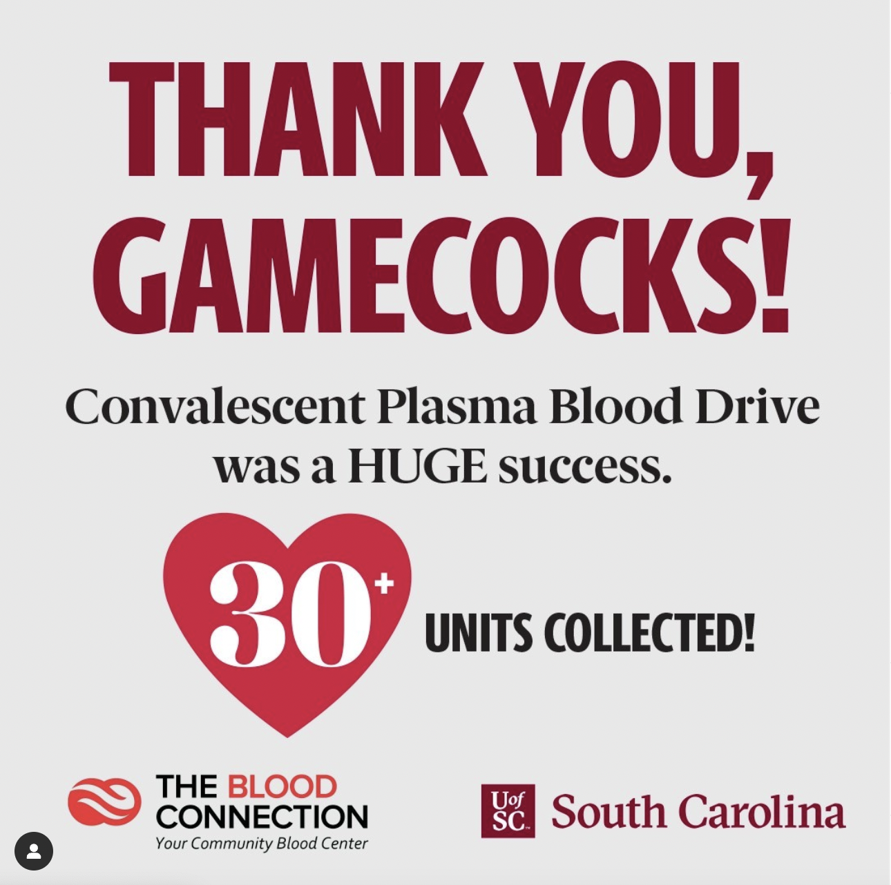 Thank you, Gamecocks! Convalescent plasma drive was a huge success.